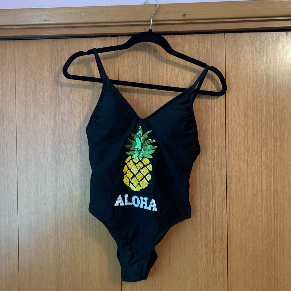 Black One Piece Bathing Suit with Sequin Detail